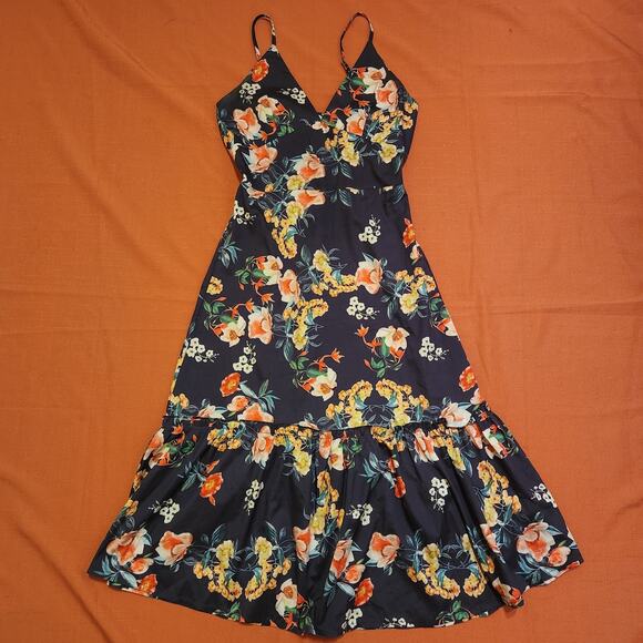 Black Floral Strappy Sz S Fit & Flare Ruffle Hem Midi Dress Small Lined - Picture 1 of 9